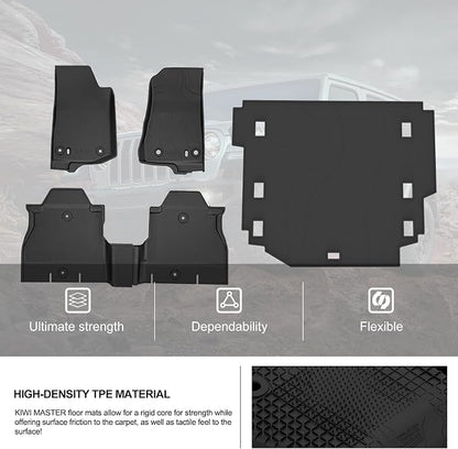 Kiwi Master Floor Mats & Cargo Mat for 2018-2026 Jeep Wrangler JL 4-Door | Custom Fit, All Weather Mats, Heavy Duty TPE Floor Liners, Front Rear Trunk Set, Black
