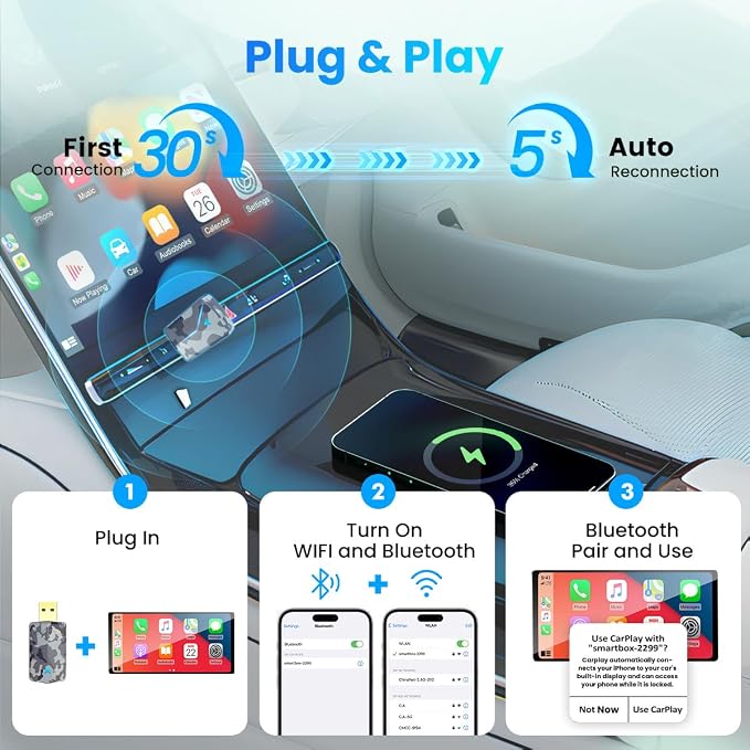 2026 Mini Wireless CarPlay Adapter, Fast Stable Connection, No Latency, Converts Wired to Wireless for Carplay & Android Auto, Easy Setup in 2016+ Cars, iOS 10+/Android 11+, USB A/C Blue
