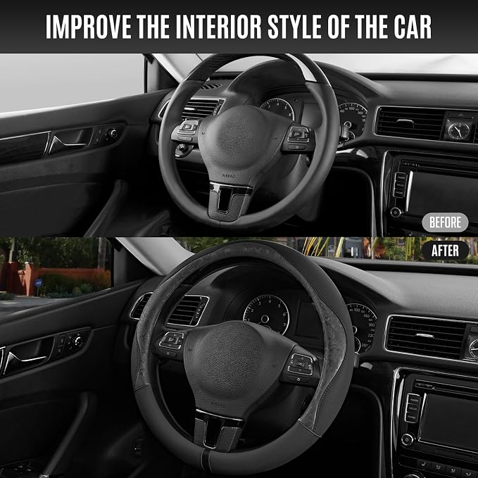 PIC AUTO Steering Wheel Cover, Black Patterned Leather Patchwork Design, Universal Fit 14.5"–15.5", Anti-Slip, Odor-Free, Soft PU Grain Leather, Durable Grip Car Accessory for Girls & Women