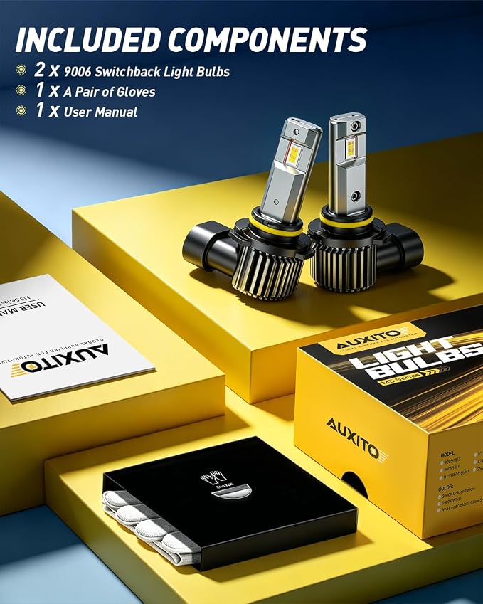 AUXITO 9006/HB4 LED Switchback Bulbs, 6500K White & 3000K Amber Yellow, 1000% 50000LM Ultra Bright, No Flicker, 3Min-Plug and Play, 30+ Years Lifespan, Fits 99% Vehicles, Pack of 2