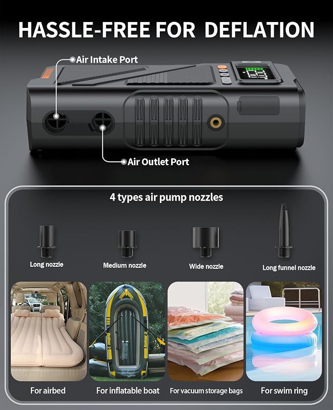 8000A Jump Starter with Air Inflator & Deflator Compressor, 9-in-1 Portable 12V Car Jump Box Power Pack for All Gas/12L Diesel Engine with 150PSI Tire Inflator & Extended Jumper Cable