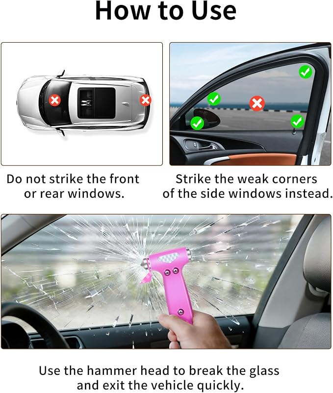 Window Breaker Seatbelt Cutter, Essential Car Tool Accessories for Women, Glass Breaker and Seat Belt Cutter, Emergency Kit Gadgets, Safety Hammer (Window Breaker - Pink)