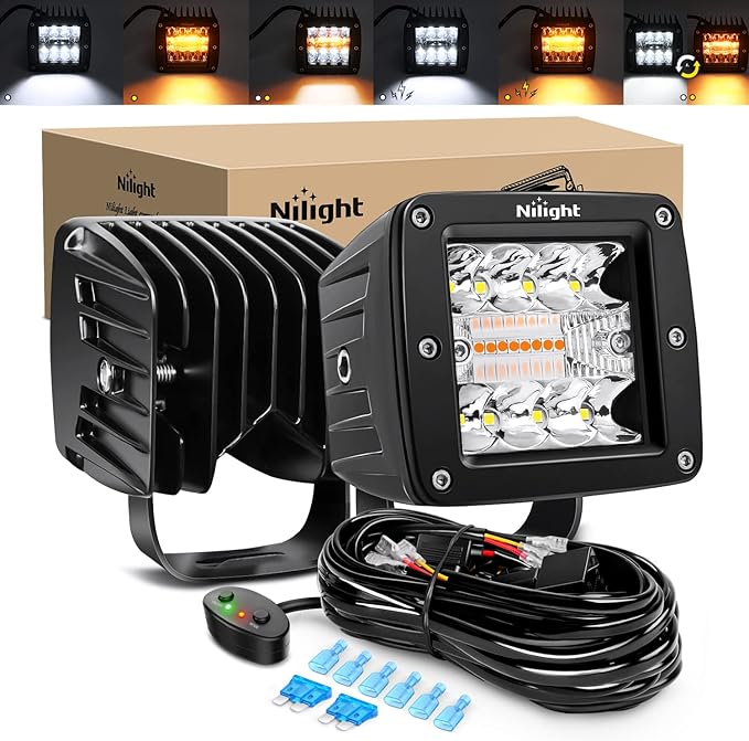 Nilight 2PCS 42W Light Bar 3Inch Cube Pod Light Amber White Strobe 6 Modes Memory Function, Ideal for Fog & Snow Conditions, Off-Road Truck Car ATV Jeep Boat with 16AWG Wiring Harness Kit-2 Leads