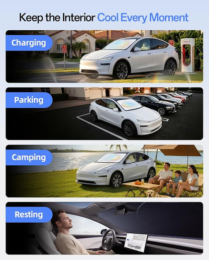 Windshield Sun Shade for Tesla Model Y 2020-2026 (Include Juniper), 100% UV Block & Heat Insulation, Custom Fit Sunshade, Foldable Car Sunshade with Storage Bag, Protect Interior Accessories