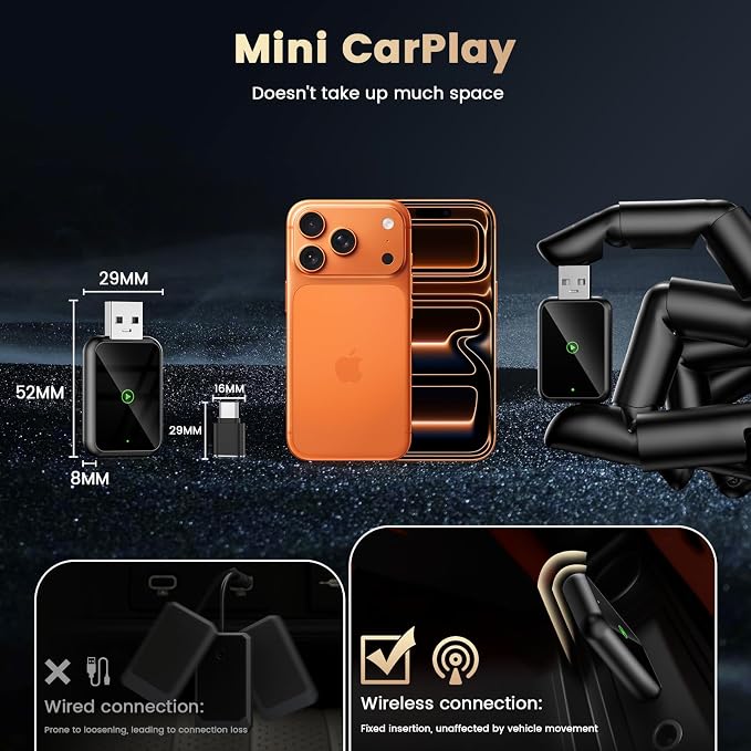 Mini 2-in-1 CarPlay Wireless Adapter, Android Car Wireless Adapter, Plug & Play, USB-A/C, Fast Stable Connection, Compatible with iOS 10+ and Android 11+, OTA Upgrade, Black