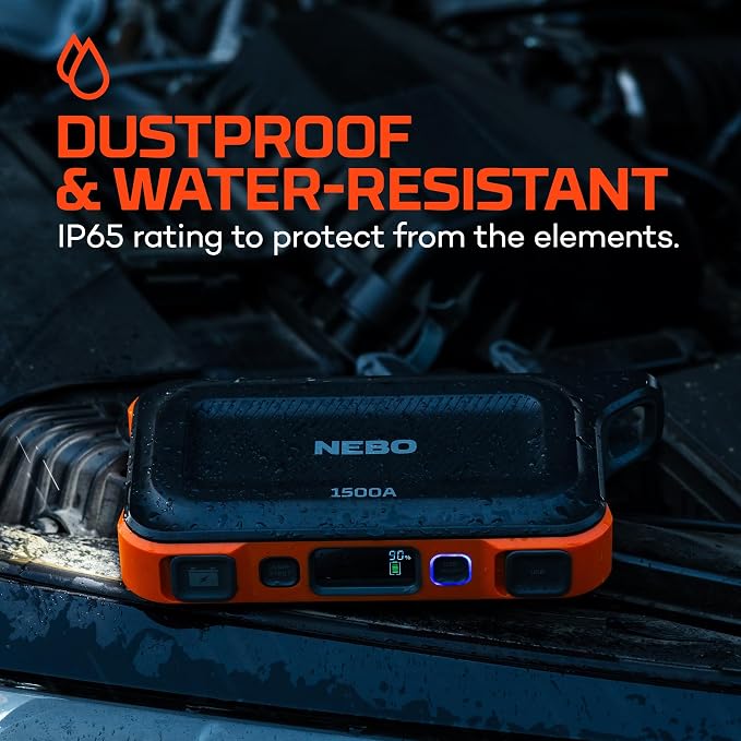 NEBO 1500A Jump Starter | 1500 Peak Amp Car Jump Starter, 29.9Wh Portable Battery Booster Pack for 12V Vehicles, Spark-Proof, USB-C Power Bank, Rechargeable, LED Emergency Light, 3-in-1 Roadside Kit