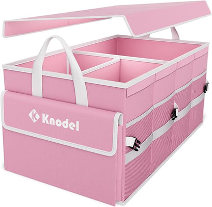 K KNODEL Car Trunk Organizer with Lid, Collapsible Car Trunk Storage Organizer, Car Organizer and Storage for SUV, Truck, Sedan (Medium, Pink)