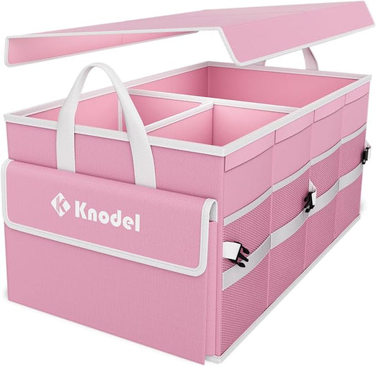 K KNODEL Car Trunk Organizer with Lid, Collapsible Car Trunk Storage Organizer, Car Organizer and Storage for SUV, Truck, Sedan (Medium, Pink)