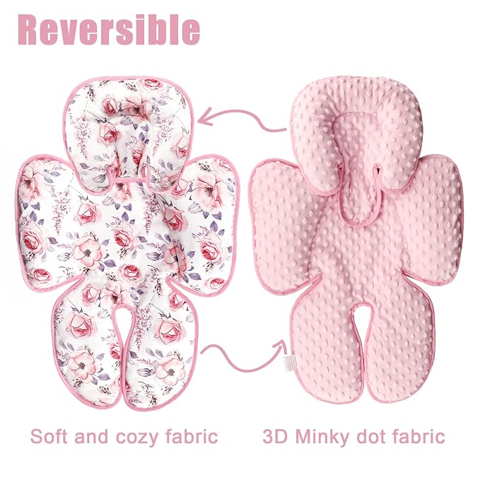 SWESEN Infant Car Seat Insert with 3 Strap Covers Set, Reversible Newborn Baby Car Seat Head Body Support for Girl, Soft 3 in 1 Baby Car Seat Cushion for Strollers, Bouncers, Swing, Pink Floral