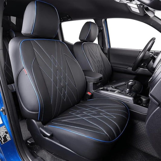 EKR Custom Fit Tacoma Rear Car Seat Covers for Toyota Tacoma (Petrol) 2024 2025 2026 Double cab SR/SR5/TRD Sport/TRD Off-Road/Limited - Second Row Only,Faux Leather(Black with Blue Trim)
