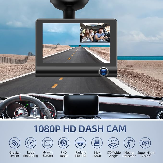 Dash Cam Front and Rear Video Recorder Rear Camera 1080P Dashcam with 4 inches, Super Night Vision, 170°Wide Angle, Loop Recording, G-Sensor, Parking Monitor, Motion Detection, with 32GB Card