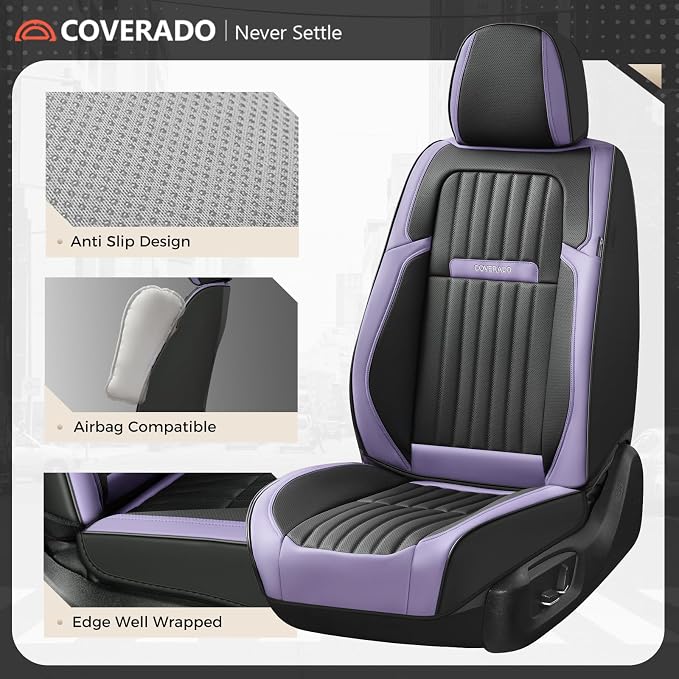 Coverado Car Seat Covers Full Set, Seat Covers for Cars, Car Seat Cover, Car Seat Protector, Leather Car Seat Cushion, Waterproof Car Seat Covers Front Seats and Back Fit for Most Cars(Purple&Black)