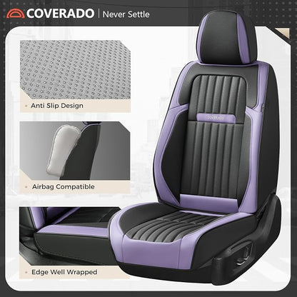 Coverado Car Seat Covers Full Set, Seat Covers for Cars, Car Seat Cover, Car Seat Protector, Leather Car Seat Cushion, Waterproof Car Seat Covers Front Seats and Back Fit for Most Cars(Purple&Black)