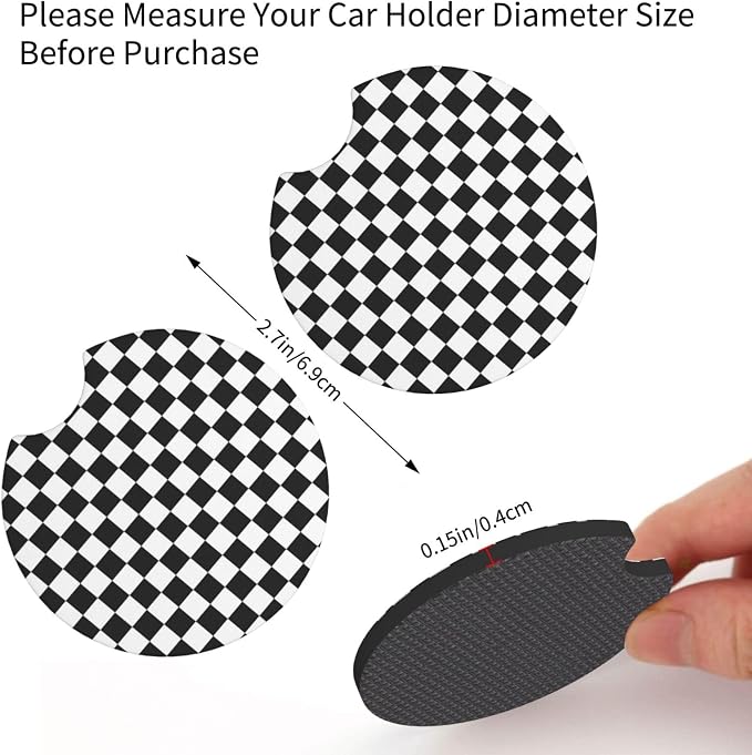 Black and White Checkered Steering Wheel Cover Universal 14.5-15 Inch Anti-Slip Breathable with 2 Pieces Car Coasters for Men Women Checkered Car Accessories Decorate