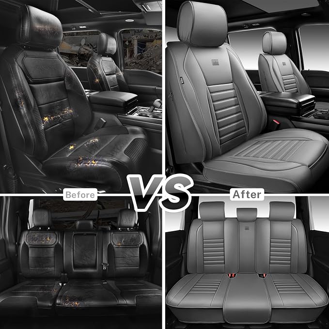 CAR PASS Nappa Leather Car Seat Covers Full Set, Luxury Seat Protector for Cars, Waterproof Anti-Slip Car Seat Cushion Armrest Compatible Airbag Universal for Sedan SUV Pick-up Truck Automotive, Gray
