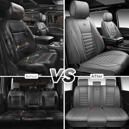 CAR PASS Nappa Leather Car Seat Covers Full Set, Luxury Seat Protector for Cars, Waterproof Anti-Slip Car Seat Cushion Armrest Compatible Airbag Universal for Sedan SUV Pick-up Truck Automotive, Gray