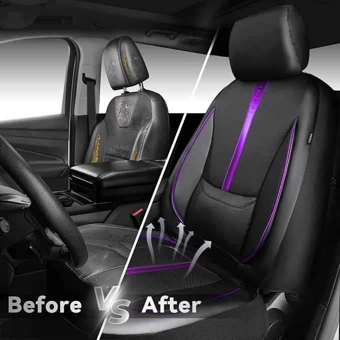 CAR PASS Nappa Leather Car Seat Covers, Water Resistant 3D Foam Faux Leather Seat Covers, Lumbar Support Automotive Seat Covers 2 Front Seats, Comfort & Universal Fit for Cars SUV Truck, Black Purple