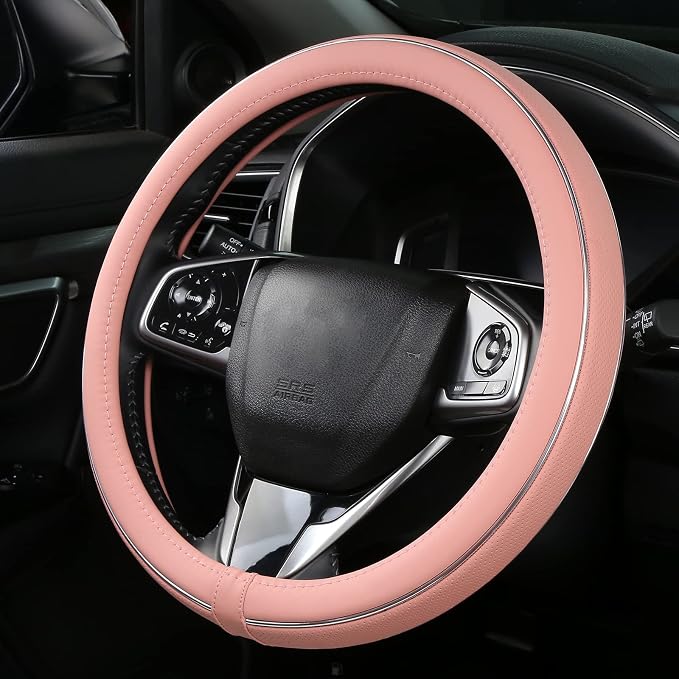 ALEMODR Pink Leather Steering Wheel Cover Fiber Strip Car Steering Wheel Cover Universal 15 inch for Women Girls
