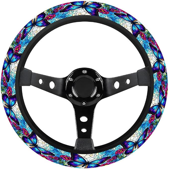 GENANY Blue Butterfly Steering Wheel Cover, Non Slip Polyester Car Wheel Protector for Car SUV Truck, Universal 15 Inch