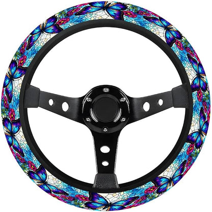 GENANY Blue Butterfly Steering Wheel Cover, Non Slip Polyester Car Wheel Protector for Car SUV Truck, Universal 15 Inch