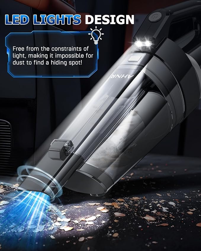 AHNR Handheld Vacuum Cordless, 16000PA Powerful Suction Hand Held Vacuum Cordless Rechargeable with LED Light & 2 HEPA Filters, Portable Car Vacuum Cleaner High Power for Car Home Office