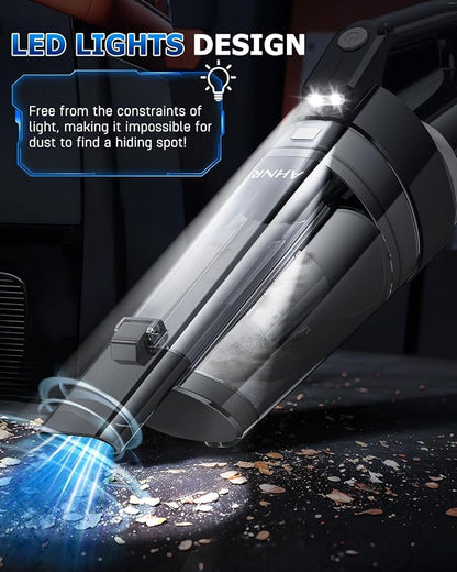 AHNR Handheld Vacuum Cordless, 16000PA Powerful Suction Hand Held Vacuum Cordless Rechargeable with LED Light & 2 HEPA Filters, Portable Car Vacuum Cleaner High Power for Car Home Office
