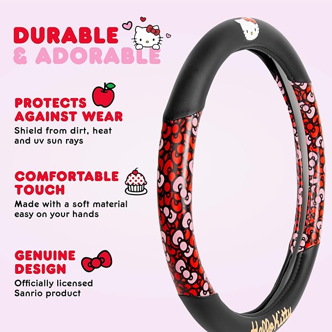 Hello Kitty Steering Wheel Cover, Official Sanrio Car Steering Wheel Cover with Universal Size 14.5-15.5, Cute Black for Women, Hello Kitty Car Accessories (Hello Kitty Bows)