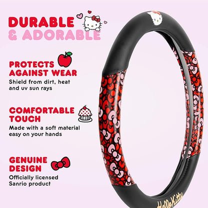 Hello Kitty Steering Wheel Cover, Official Sanrio Car Steering Wheel Cover with Universal Size 14.5-15.5, Cute Black for Women, Hello Kitty Car Accessories (Hello Kitty Bows)