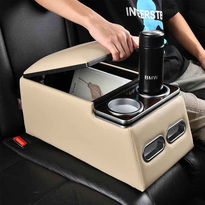 Coverado Car Center Console, Universal Rear Bench Seat Consoles, Truck Seat Organizer and Storage, Back Seat Car Organizer with Cup Holder, Large Storage Box, Central Armrest Box (Regular, Beige)