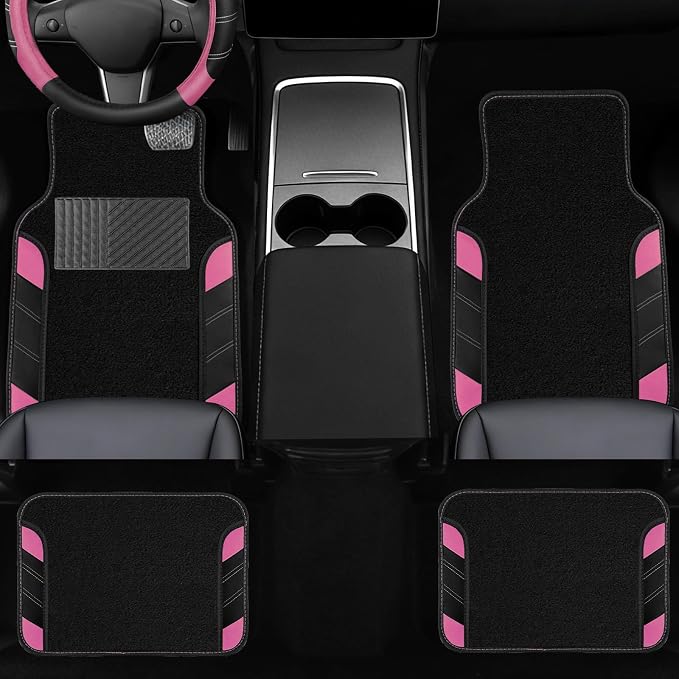 NBTEPEM 10 Pcs Car Floor Mats Full Set & Sport Leather Steering Wheel Cover 14.5-15 inch, Center Console Cover, Seat Belt Cushion, Cup Holder Coaster, Universal Automobile Interior Sets (Pink)