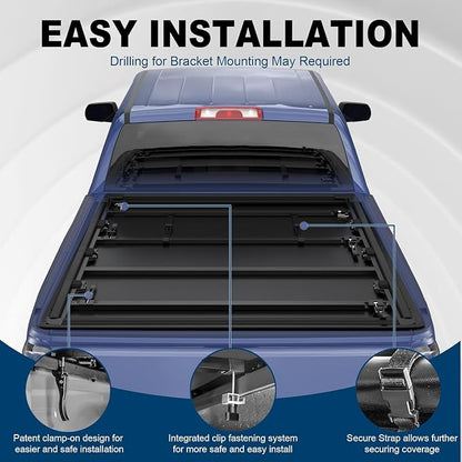 KUIPERAUTO 5.7FT Tri Hard Truck Bed Tonneau Cover Compatible for 2009-2026 Dodge Ram 1500 Inclu. Classic & New Body (w/o Ram Box) Utility Track System w/LED Light Strip