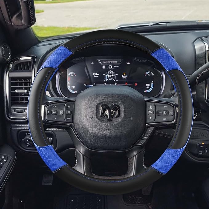 Steering Wheel Cover for Dodge RAM 1500, 2500, 3500 - Premium Microfiber Leather Auto Car Accessory with Non-Slip Grip, Rugged Durability & Interior Upgrade, 15.5-16 inch (Blue-Large Size)