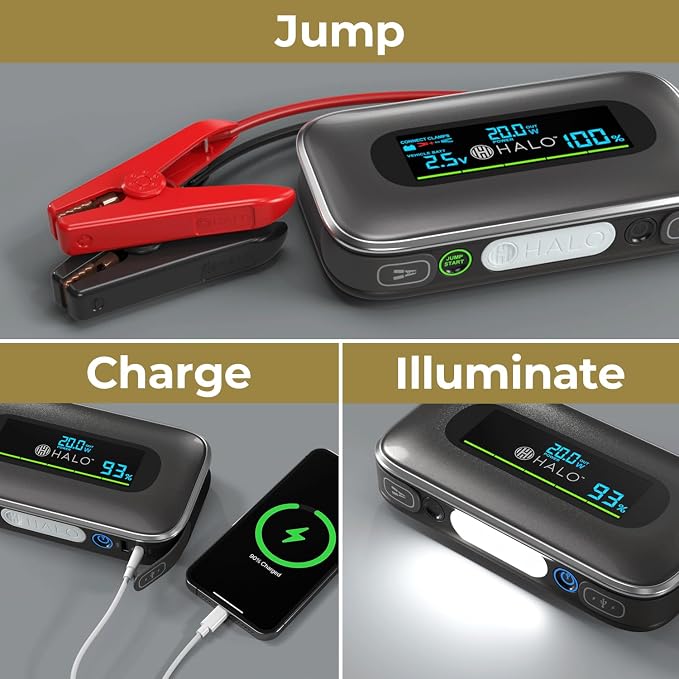 Halo Bolt 1500A Car Battery Jump Starter with Large Digital Screen, Portable 12V Lithium Battery Jump Starter, Portable Power Bank, 3-Mode LED Flashlight, Safe & Simple Design, TSA Approved - Green