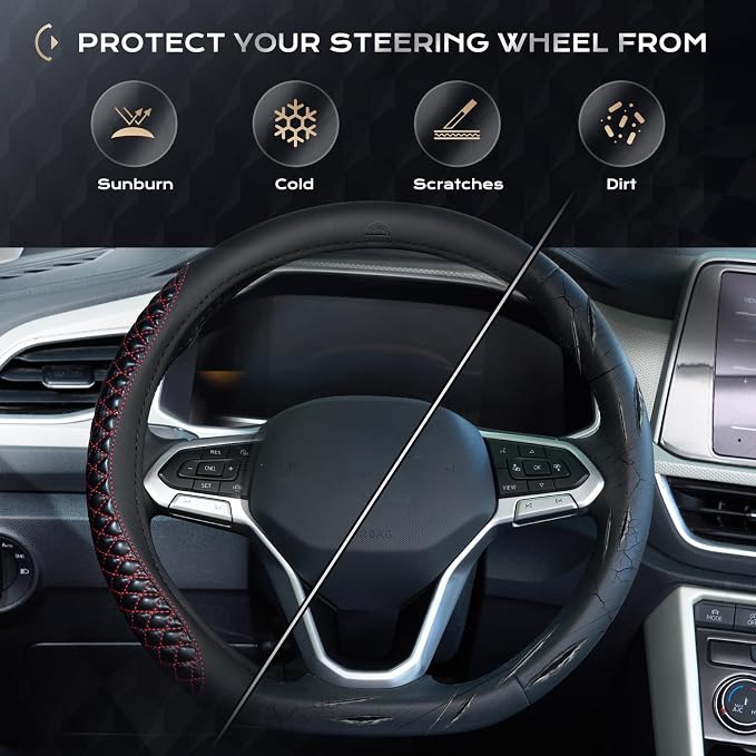 Coverado Nappa Leather Steering Wheel Cover Universal 14-15 Inch Anti-Slip Breathable Steering Wheel Protector Luxury Auto Decor for Men Women Redline