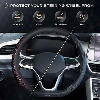 Coverado Nappa Leather Steering Wheel Cover Universal 14-15 Inch Anti-Slip Breathable Steering Wheel Protector Luxury Auto Decor for Men Women Redline