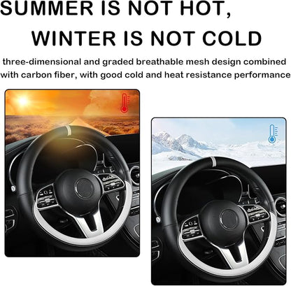 Black & White Nappa Leather Steering Wheel Cover, 14.5-15 inch Universal Car Steering Wheel Cover Non-Slip Breathable Absorbing Sweat Car Accessories