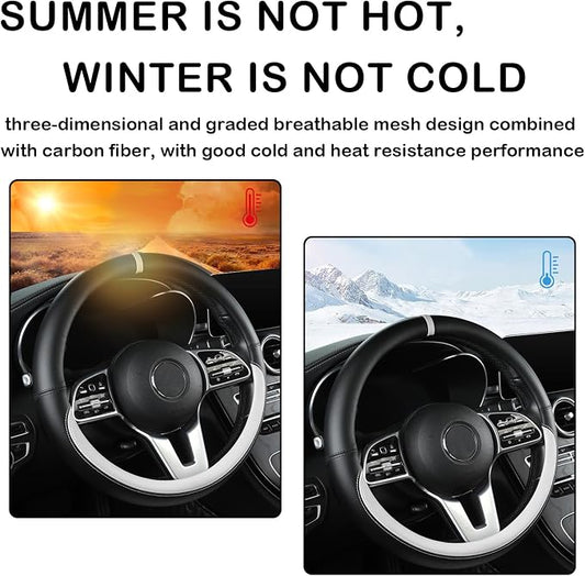 Black & White Nappa Leather Steering Wheel Cover, 14.5-15 inch Universal Car Steering Wheel Cover Non-Slip Breathable Absorbing Sweat Car Accessories