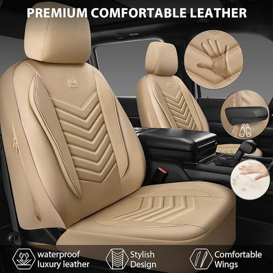 CAR PASS 3D Foam Faux Leather Seat Covers Full Set,Waterproof Tan Leather Seat Cover for Cars,Luxury Universal Fit Anti-Slip for SUV Truck Sedan Automotive,Armrest Airbag Compatible,All Beige