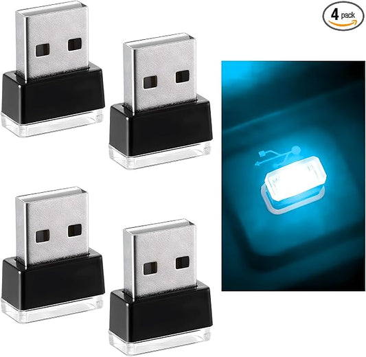 Augeny 4 PCS USB LED Car Interior Atmosphere Lamp, Plug-in USB Decor Night Light, Portable Auto Ambient Lighting Kit, Universal Vehicle Interior Accessories for Most Cars (Ice Blue)