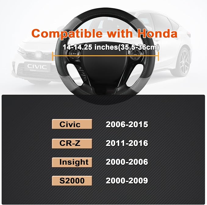 GIANT PANDA Steering Wheel Cover for Honda Civic(2006-2015),CR-Z, Insight, S2000 (Gray+Black-Small Size)