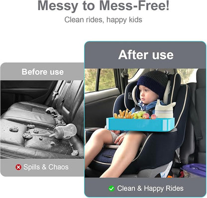 [Pink+Sky Blue] Car Seat Snack Tray for Toddlers - 3 Inch Cup Holder Fits Most Sippy Cups & Straw Bottles with Dip Well, Mess-Free Square Kids Travel Tray Road Trip Essentials, Pink & Sky Blue