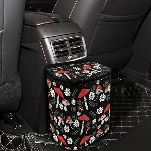 BIGCARJOB Mushroom Daisy Car Trash Bag for Back Seat,Mushroom Print Car Trash Can with Lid Portable Travel Car Trash Bag Holder Vehicle Trash Can for SUV Truck Van
