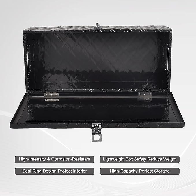 30 Inch Tool Box Underbody Flatbox Truck Car Outdoor Trailer Pickup,RV Storage Organizer,Underbed Tools Chest Box w/Side Handle and Lock Keys,Black Aluminum 5 Bar Tread(30''X13''X10'')