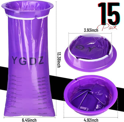 YGDZ Barf Bags, 15 Pack Vomit Bags Disposable Throw Up Emesis Bags Puke Nausea Bags for Travel Motion Sickness, Car & Aircraft, Purple