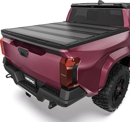 OEDRO Low-Profile Hard Quad-Fold Tonneau Cover Compatible with Toyota Tacoma 2024 2025 2026 (Excl. Trail Edition) 5ft Bed with Tacoma Bed Rail, One-Handed Quick Release, Drainage Design