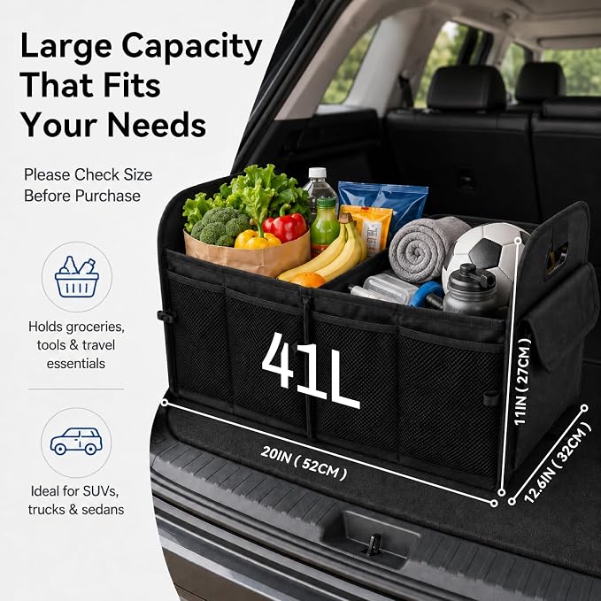 PAT SAM'S Trunk Organizer for SUV, Collapsible Car Trunk Organizer with Dividers, Waterproof 600D Oxford, Non-Slip Storage Organizer for Groceries, Tools, Travel, Truck & Car (Black)