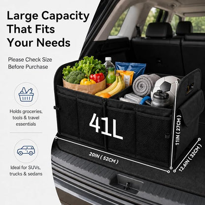 PAT SAM'S Trunk Organizer for SUV, Collapsible Car Trunk Organizer with Dividers, Waterproof 600D Oxford, Non-Slip Storage Organizer for Groceries, Tools, Travel, Truck & Car (Black)