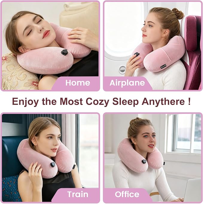 Keemall Inflatable Travel Pillow, Premium Soft Pink Velvet Inflatable Neck Pillow, Washable Lightweight Portable Travel Essentials for Flight Road Trip Camping Office, Travel Gift for Women Girls