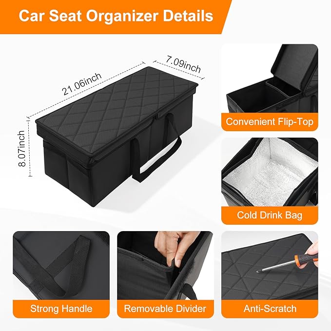 Car Seat Organizer for Kia Sorento 2026 2025 2024-2021 w/Built-In Cooler Bag, Car Second Console Organizer w/Non-Slip Strips, Foldable Backseat Organize for Dog Toys Kids Snacks Travel Storage Box