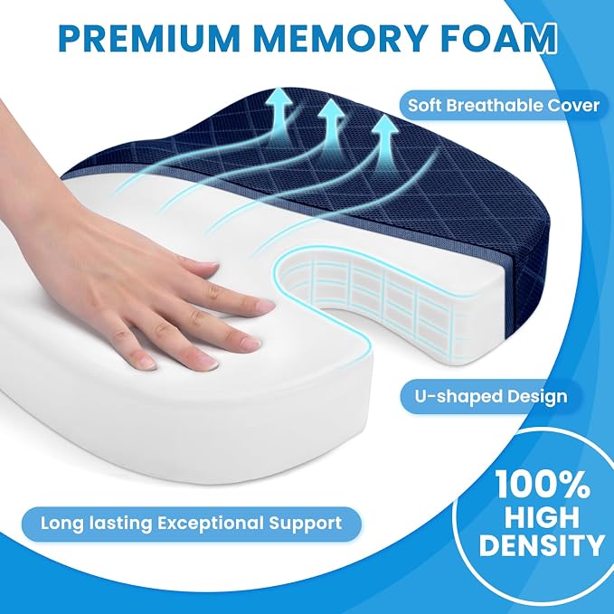 TushGuard Seat Cushion - for Office Chair, Car Seat, Airplane, Bleacher - Sciatica & Coccyx Pain Relief Desk Chair Cushion for Long Sitting Office Workers, Car Drivers(Blue,X-Large)
